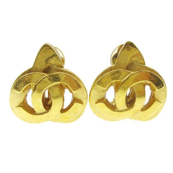 Auth CHANEL CC Logos Button Heart Motif Earrings Gold-plated Clip-On - Picture 1 of 8
